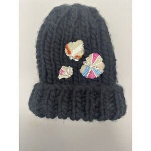 Anthropologie Beanie Black Sequin Embellished Large Knit Cap Toboggan #32‎